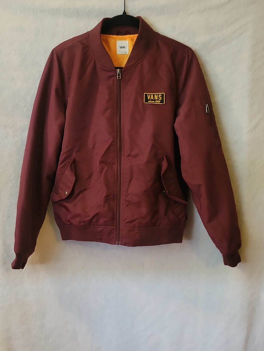 Vans Men's Burgundy Bomber Jacket with Yellow Lining